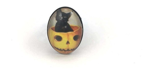 Anillo Base Negra Gato Calabaza Halloween Goth Dark Gotico 