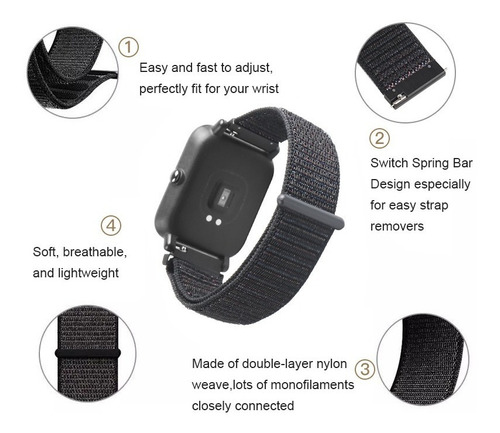 Imagen 4 de 9 de Correa Malla Para Amazfit Bip De Nylon Con Velcro 20mm