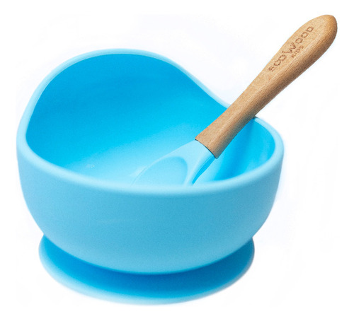 Tazón Para Bebé De Silicona Ecowood Con Cuchara De Bambú Color Azul Bowl Silicona