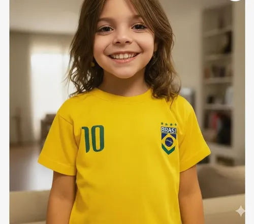 Camiseta Copa Do Mundo Personalizada Nome Brasil Infantil Amarelo Brasil 6 Lisa