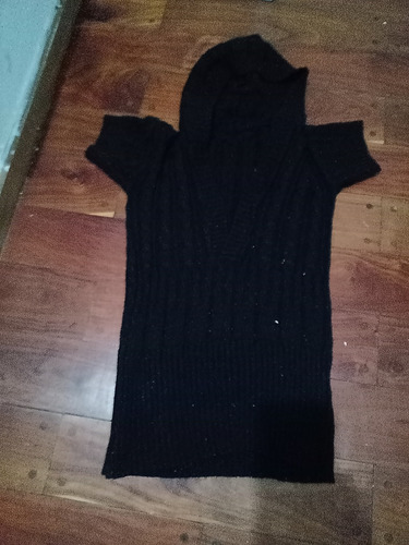 Sweater Poulover Negro Lana Capucha Chaleco .detalle