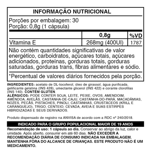 Vitamina E 400ui Suplemento Alimentar 30 Cápsulas