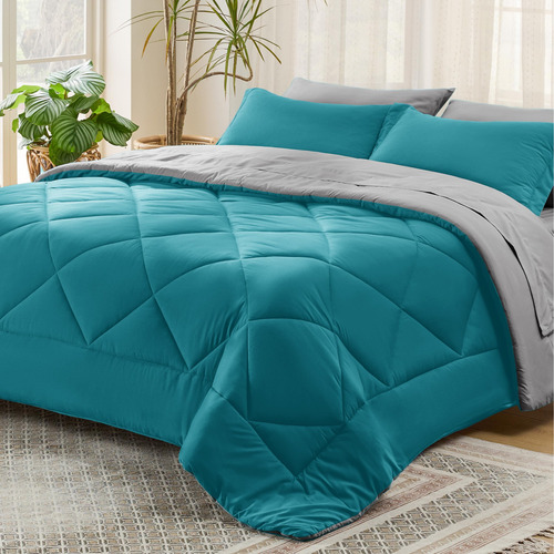 Juego Edredon Y Ropa De Cama 208x218 Cm Azul Aqua Reversible