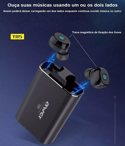 Fone De Ouvido Bluetooth Awei T85 C/ Case Earfone Sem Fio