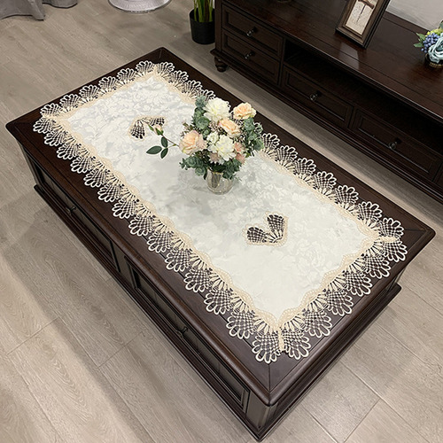 Mantel De Encaje Beige Para Mesa De Café Rectangular En Polv