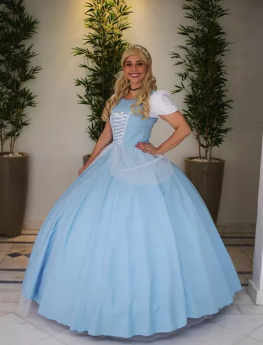 Fantasia Vestido Da Princesa Cinderela Adulto Luxo Com Luva