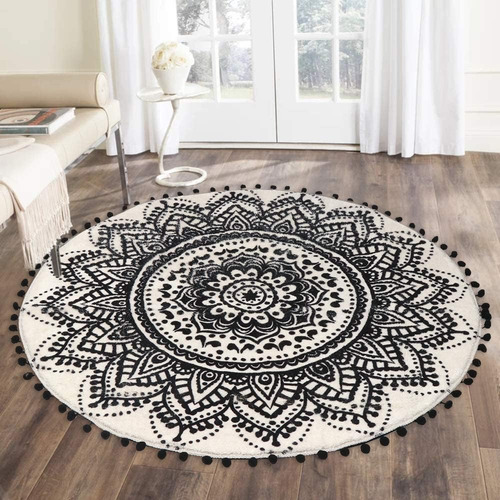 Livebox Boho Area Alfombra De 4 Pies Mandala Negro Y Crema A