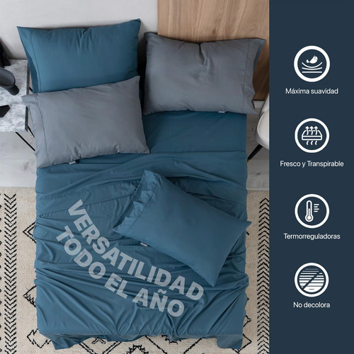 Juego De Sábanas Microfibra Fundas Almohada Azul Marino Gris