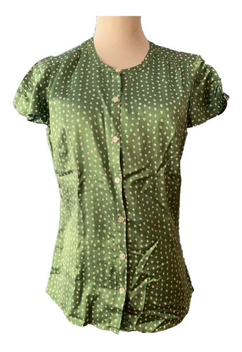 Blusa Verde Efecto Seda Importado Con Blanco Banana Republic