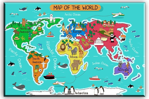 Mapa Del Mundo Lienzo Para Pared Para Habitación De Ni...