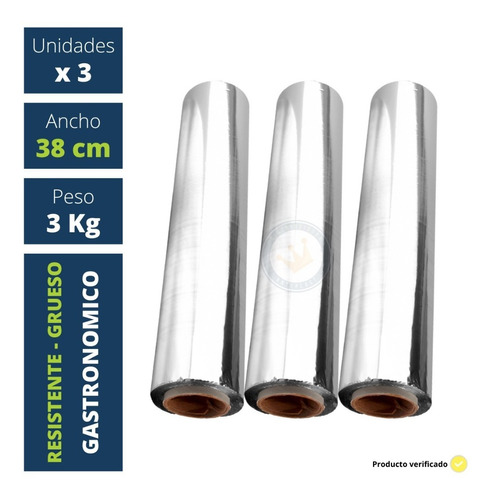 3 Rollo Papel Aluminio Profesional Gastronomía 38 Cm X 1 Kg