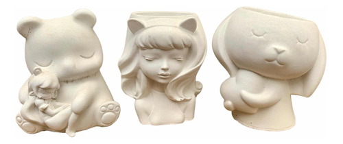 Pack 3 Figuras Para Pintar Niña Oso Conejo Cemento