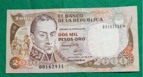 Billete De 2000 Pesos Reposicion Año 1992. No 2934 Estado 7