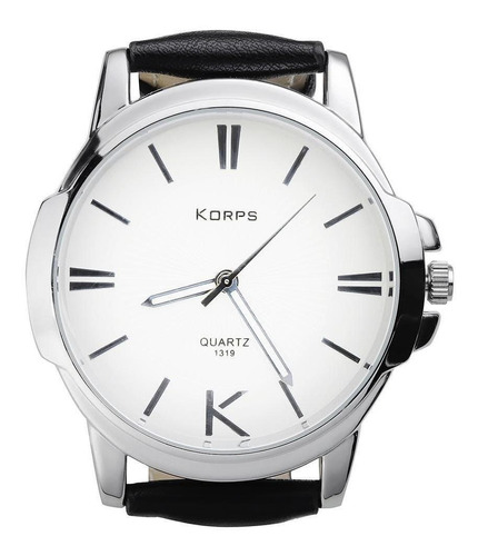 Relógio Luxo Korps 1319 Prata Fundo Branco Pulseira Couro