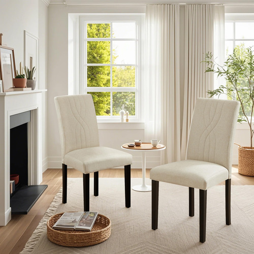 Juego De 2 Sillas Tapizadas Modernas Color Beige Madera