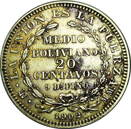 .: Bolivia Ensayo 20 Centavos 1902 Mm Reverso Medalla  :.