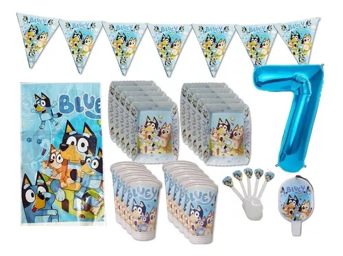 Kit Decoración Cumpleaños Bluey + Vela + Numero Metalizado