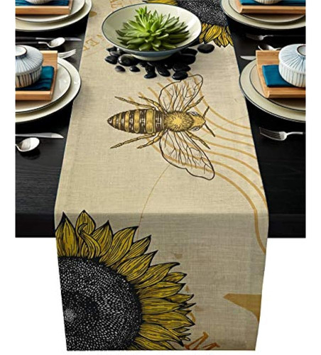 Cotton Linens Table Runner Dresser Vintage Sunflower Bee Man