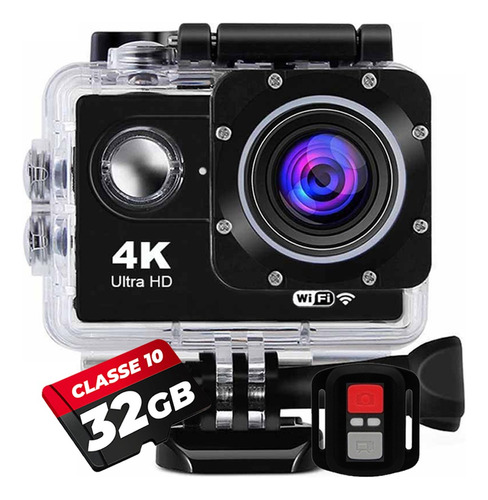 Câmera Sport 4k Wifi Full Hd Prova D'água + 64gb + Bateria Cor Preta