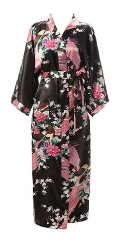 Kimono Bata Mujer De Seda Oriental Flores Y Pavo Real  