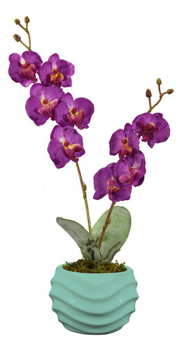Arreglo Floral De Orquídeas Artificiales 43 Cm Color Morado Base Turqueza