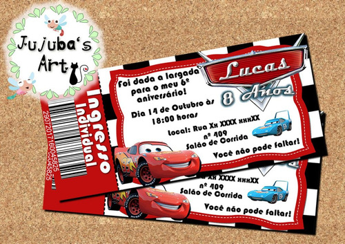 Imagem 2 de 2 de Arte Digital Convite Ingresso Carros Disney