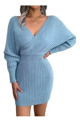 Vestido De Lana Con Cuello En V Tejido Invierno Para Mujer