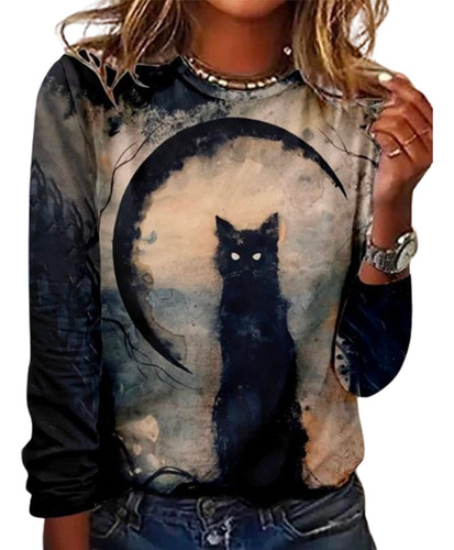 Camiseta De Mujer Creativa Gato Negro De Halloween