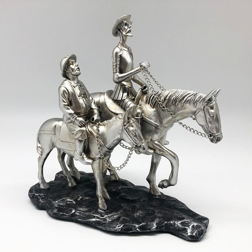 Figura Decorativa Quijote Y Sancho Cabalgando Tono Plateado.