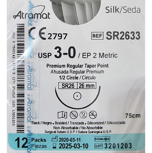 Hilo Seda Trenzada Siliconizada 3-0 Atramat Sutura Sr2633 Color Negro