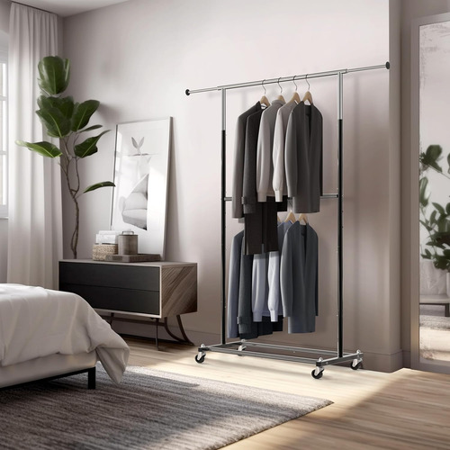 Rack Perchero Con Ruedas Para Ropa Doble Nivel Color Negro