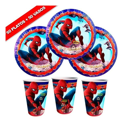 Spiderman Hombre Araña 50 Platos Y 50 Vasos Fiesta 