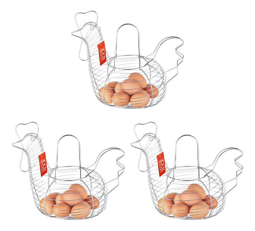  Set X 3 Gallinas Huevera Porta Huevos Metal Cromado Cocina