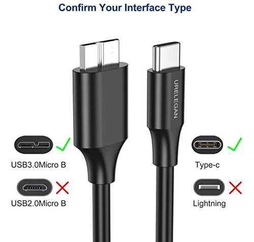 Cable De Disco Duro Micro B A Usb C, Paquete De 2 Pies, Usb