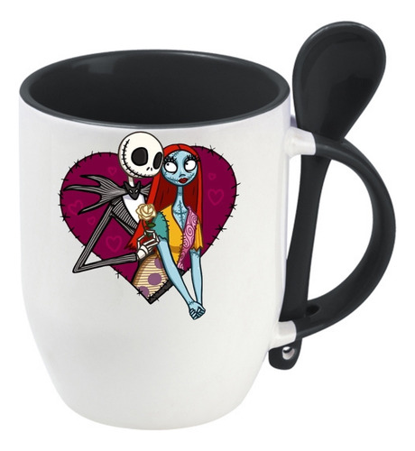 Taza Con Cuchara Jack Y Sally En Corazón Cerámica 320 Ml Negro Jack Y Sally