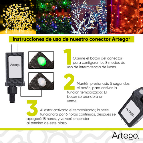 Luces Serie 200 Led Color Luz Blanca Color Cable Verde Oscuro Artego Interior Exterior Decoración Navidad Árbol Navidad Eventos Bodas Led Christmas String Lights Waterproof 8 Modos Uso Temporizador