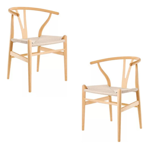 Set 2 Silla Wishbone Tejido Marrón Claro Blanco