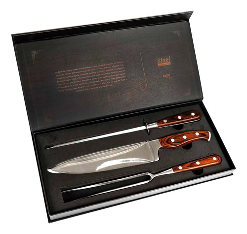 Set Asado Cuchillo Chaira Y Tenedor 3piezas Premiun