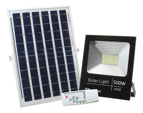 Foco Reflector Panel Solar 500w+control Remoto Para Exterior Carcasa Negro Luz Blanco Frío