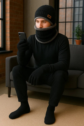 Kit Inverno Touca Gorro Com Cachecol Luva E Meia Térmica