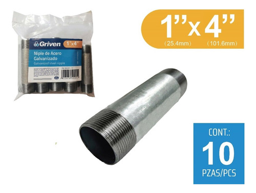 Niple Galvanizado 1 X 4 Pulgada Largo Griven (pack X 10)