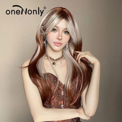 Wig Oneonly Cabello Largo Y Liso Con Mechas Marrones...