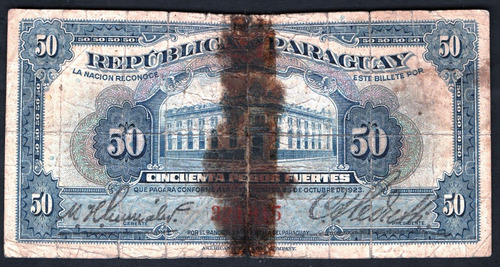 Paraguay Billete De 50 Pesos Fuertes Del Año 1923 