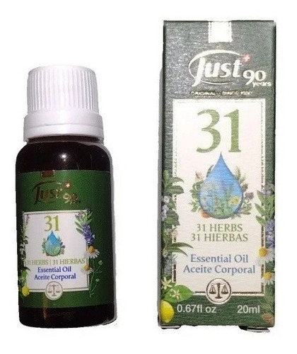 ÓLEO 31 Swiss Just . Compuesto por una combinacion de 31 aceites esenciales 100% puros. Refresca y revitaliza, alivia el dolor de cabeza y minimiza la tensión acumulada en músculos y articulaciones.