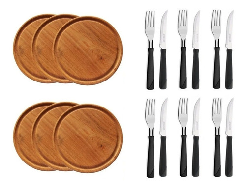 Set Asado 6 Platos Madera 22cm 6 Juego Cubiertos Tramontina