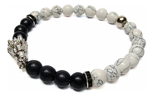 Pulsera De Hombre Dije Dragón + Howlita Blanca Y Onix Negro