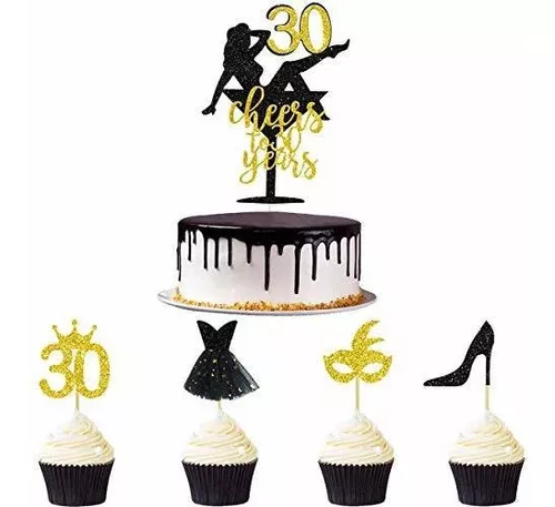33pcs Negro Y Oro Reluciente Saludos A 30 Años Torta De Cump | Envío gratis