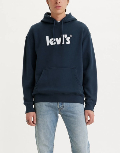 Canguro Levis Azul Logo Blanco Con Capucha Frisado 