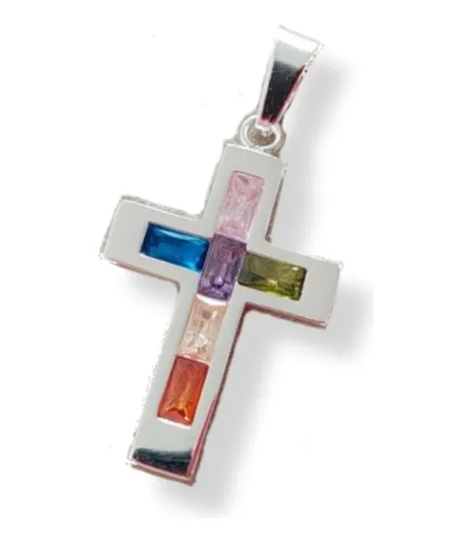 comprar Dije Cruz Interior Baguettes Multicolor 25mm De Acero Blanco