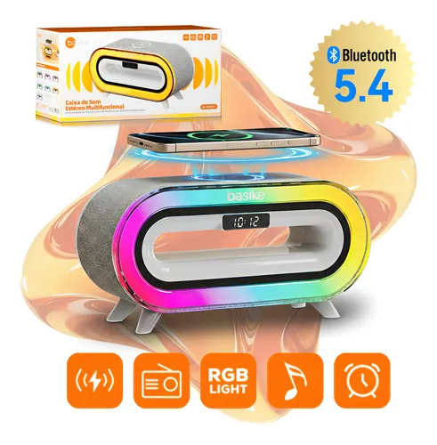 Basike Luminária Speaker TWS Caixa De Som RGB LED Com Sem Fio Carregador Indução Multifuncional FM Rádio Alarme Relógio de Mesa Turbo Rápido 15W Decoração Para Mesa de Quarto escritório Ideia de Prese